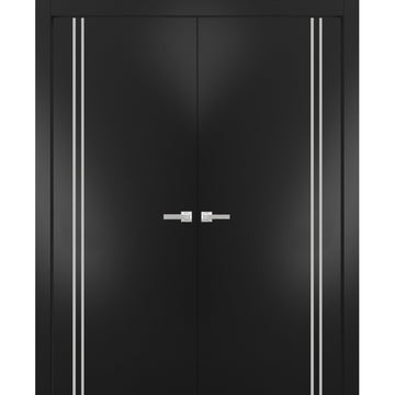 Solid French Double Doors | Planum 0310 Matte Black | Wood Solid Panel Frame Trims | Closet Bedroom