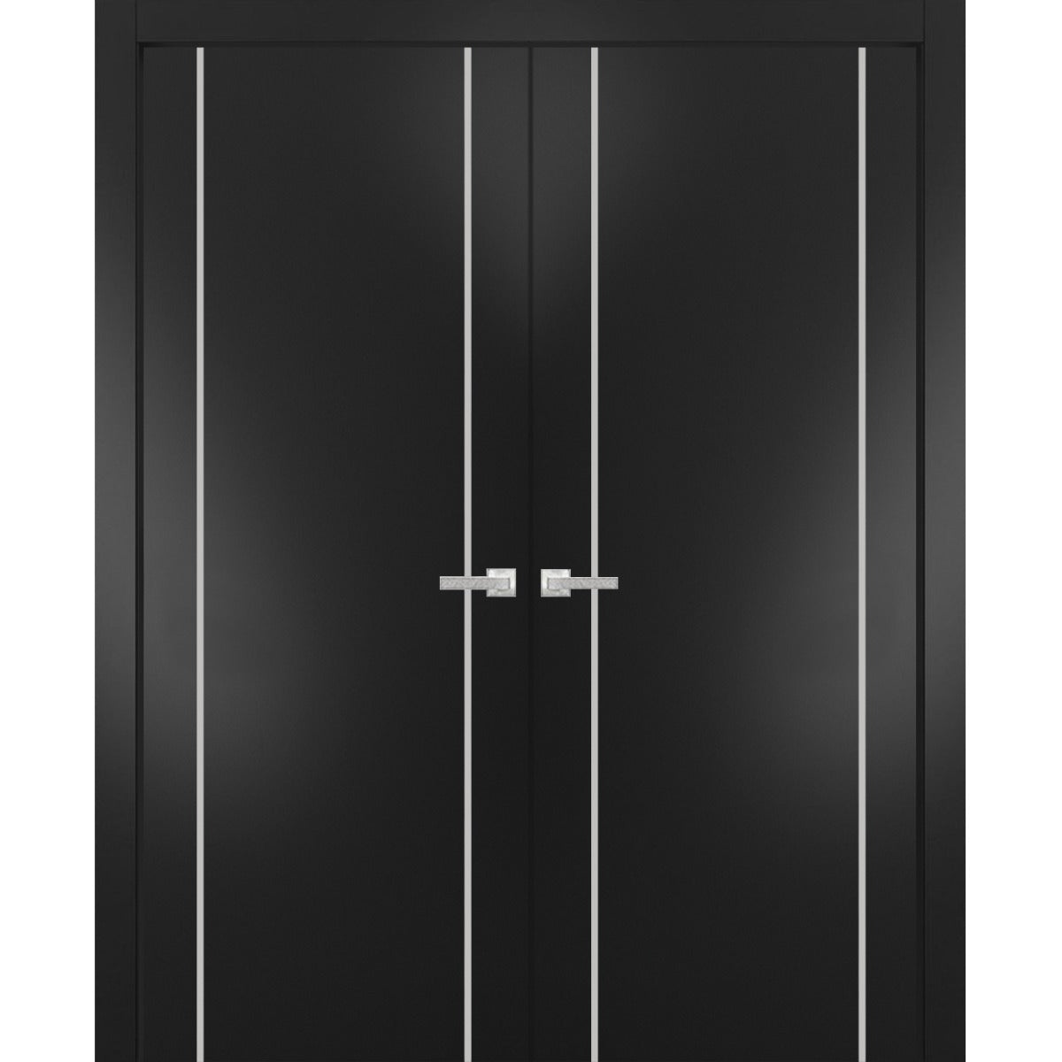 Solid French Double Doors | Planum 0410 Matte Black | Wood Solid Panel Frame Trims | Closet Bedroom