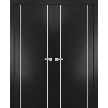 Solid French Double Doors | Planum 0410 Matte Black | Wood Solid Panel Frame Trims | Closet Bedroom