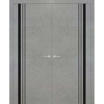 Solid French Double Doors | Planum 0011 Concrete | Wood Solid Panel Frame Trims | Closet Bedroom Sturdy Doors