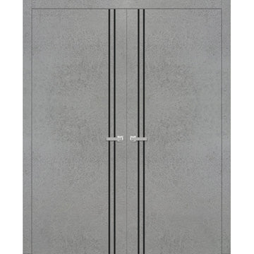 Planum Solid French Double Doors | Planum 0016 Concrete | Wood Solid Panel Frame Trims | Closet Bedroom Sturdy Doors