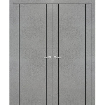 Solid French Double Doors | Planum 0017 Concrete | Wood Solid Panel Frame Trims | Closet Bedroom Sturdy Doors