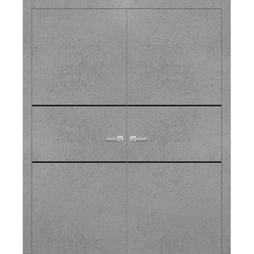 Planum Solid French Double Doors | Planum 0014 Concrete | Wood Solid Panel Frame Trims | Closet Bedroom Sturdy Doors