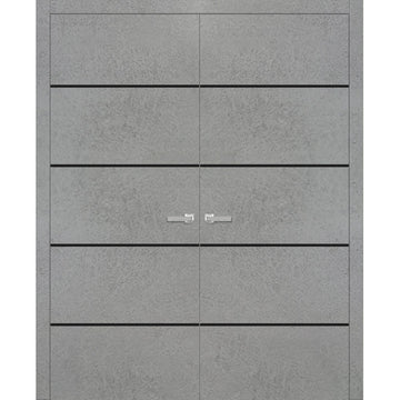 Planum Solid French Double Doors | Planum 0015 Concrete | Wood Solid Panel Frame Trims | Closet Bedroom Sturdy Doors