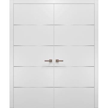 Planum Solid French Double Doors | Planum 0020 White Silk | Wood Solid Panel Frame Trims | Closet Bedroom Sturdy Doors