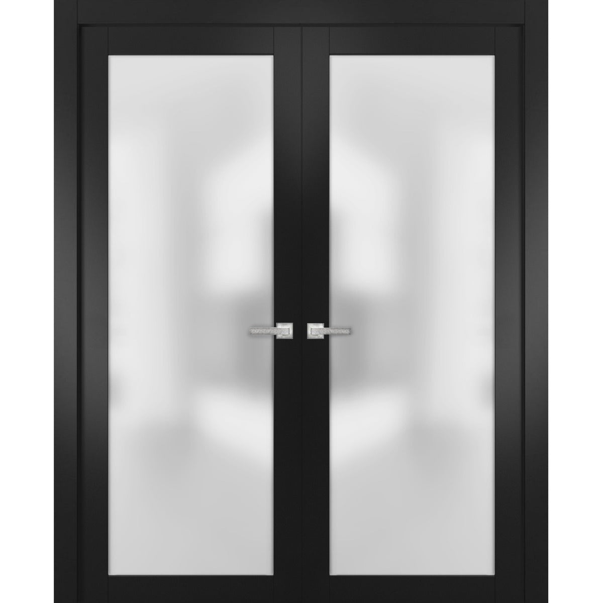 Solid French Double Doors | Planum 2102 Matte Black with Frosted Glass | Wood Solid Panel Frame Trims | Closet Bedroom Sturdy Doors