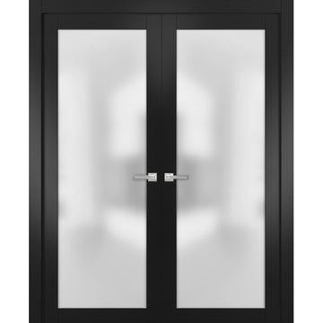 Solid French Double Doors | Planum 2102 Matte Black with Frosted Glass | Wood Solid Panel Frame Trims | Closet Bedroom Sturdy Doors