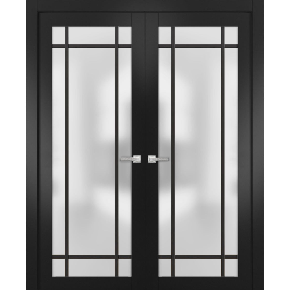 Solid French Double Doors | Planum 2112 Matte Black Frosted Glass | Wood Solid Panel Frame Trims | Closet Bedroom Sturdy Doors