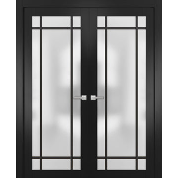 Solid French Double Doors | Planum 2112 Matte Black Frosted Glass | Wood Solid Panel Frame Trims | Closet Bedroom Sturdy Doors