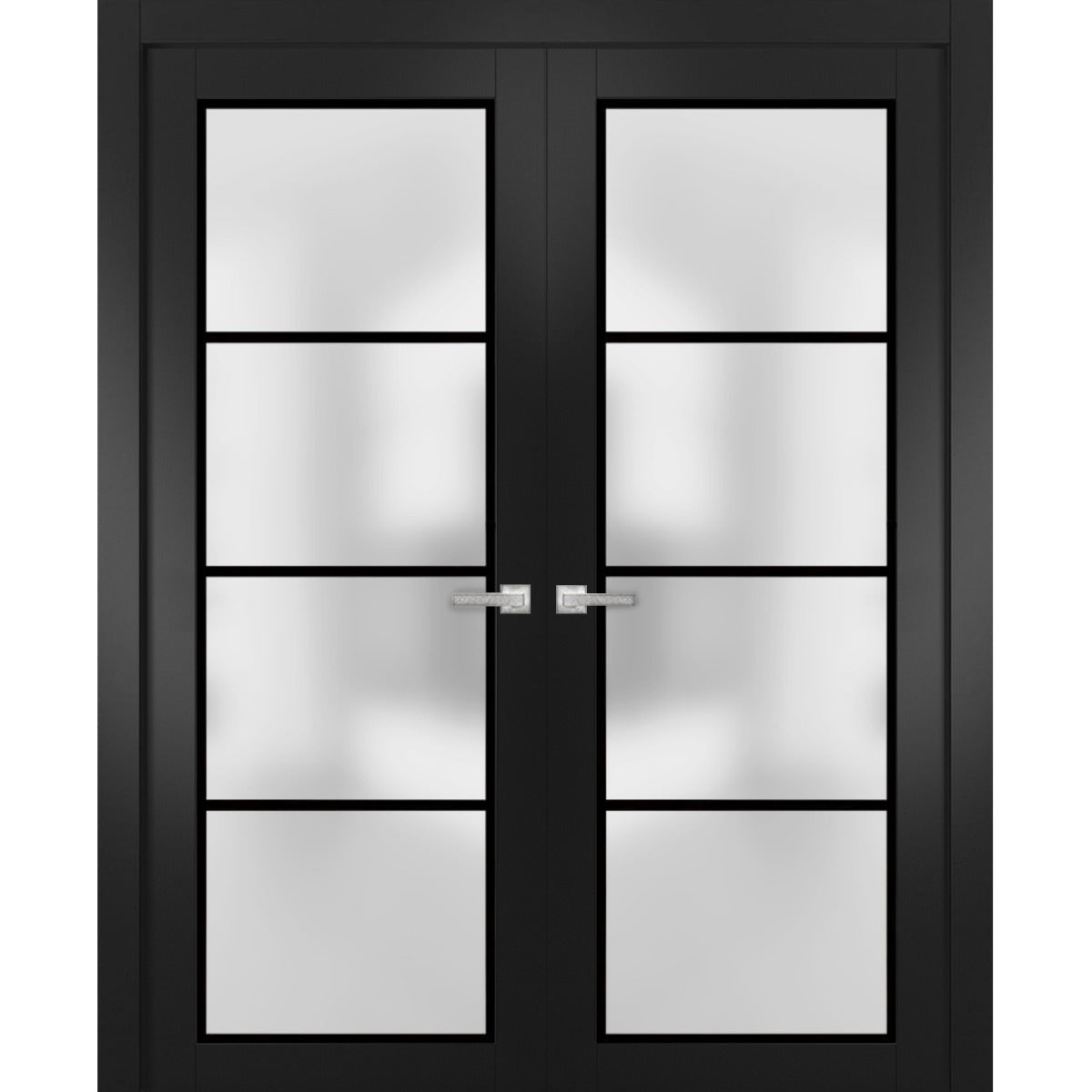 Solid French Double Doors | Planum 2132 Matte Black Frosted Glass | Wood Solid Panel Frame Trims | Closet Bedroom Sturdy Doors