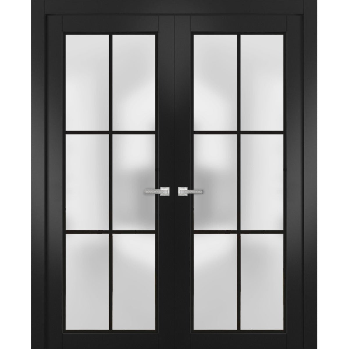 Solid French Double Doors | Planum 2122 Matte Black Frosted Glass | Wood Solid Panel Frame Trims | Closet Bedroom Sturdy Doors