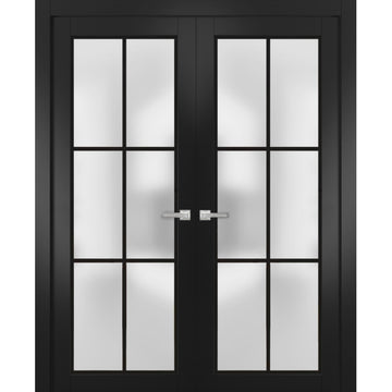 Solid French Double Doors | Planum 2122 Matte Black Frosted Glass | Wood Solid Panel Frame Trims | Closet Bedroom Sturdy Doors