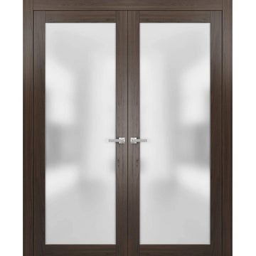 Solid French Double Doors | Planum 2102 Chocolate Ash with Frosted Glass | Wood Solid Panel Frame Trims | Closet Bedroom Sturdy Doors