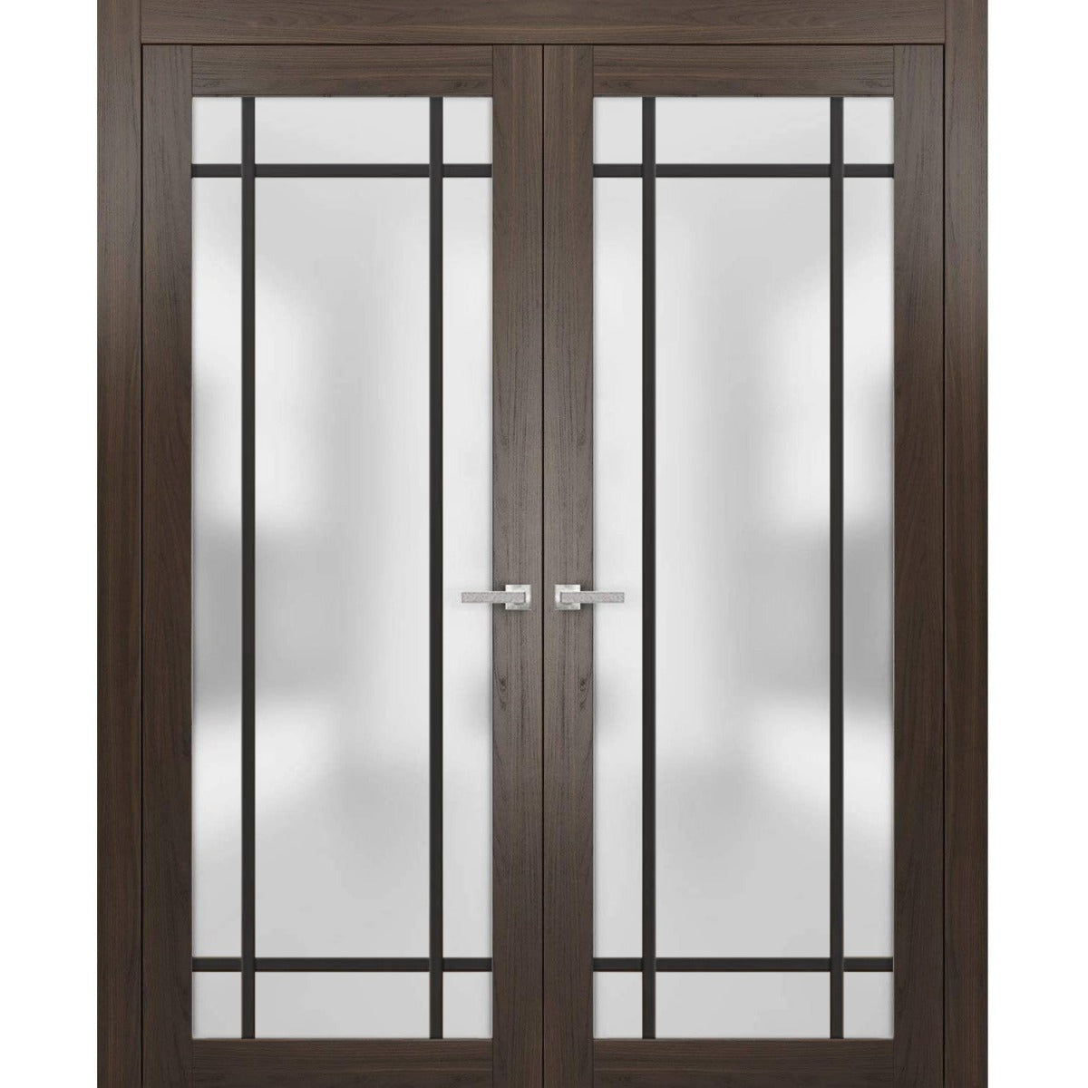 Solid French Double Doors | Planum 2112 Chocolate Ash Frosted Glass | Wood Solid Panel Frame Trims | Closet Bedroom Sturdy Doors