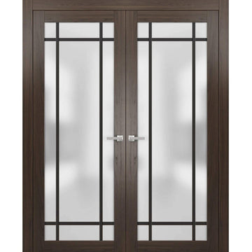 Solid French Double Doors | Planum 2112 Chocolate Ash Frosted Glass | Wood Solid Panel Frame Trims | Closet Bedroom Sturdy Doors