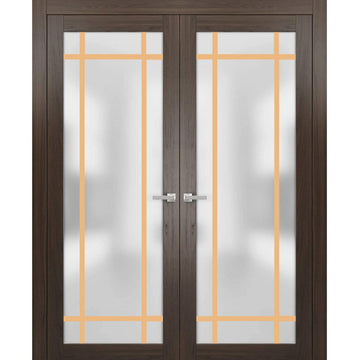 Solid French Double Doors | Planum 2113 Chocolate Ash with Frosted Glass | Wood Solid Panel Frame Trims | Closet Bedroom Sturdy Doors