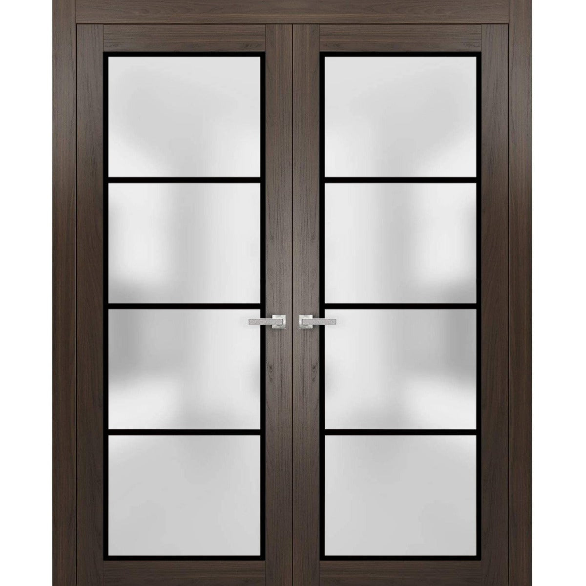 Solid French Double Doors | Planum 2132 Chocolate Ash Frosted Glass | Wood Solid Panel Frame Trims | Closet Bedroom Sturdy Doors