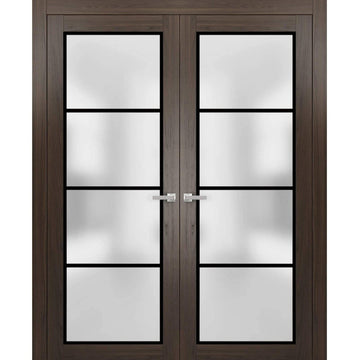 Solid French Double Doors | Planum 2132 Chocolate Ash Frosted Glass | Wood Solid Panel Frame Trims | Closet Bedroom Sturdy Doors