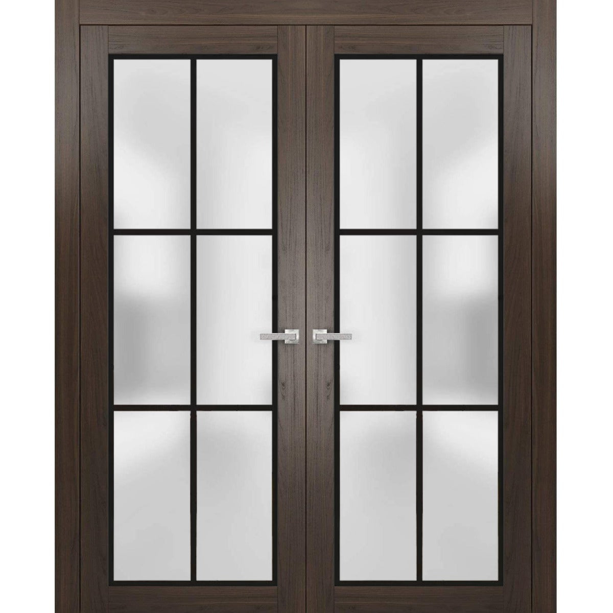 Solid French Double Doors | Planum 2122 Chocolate Ash Frosted Glass | Wood Solid Panel Frame Trims | Closet Bedroom Sturdy Doors