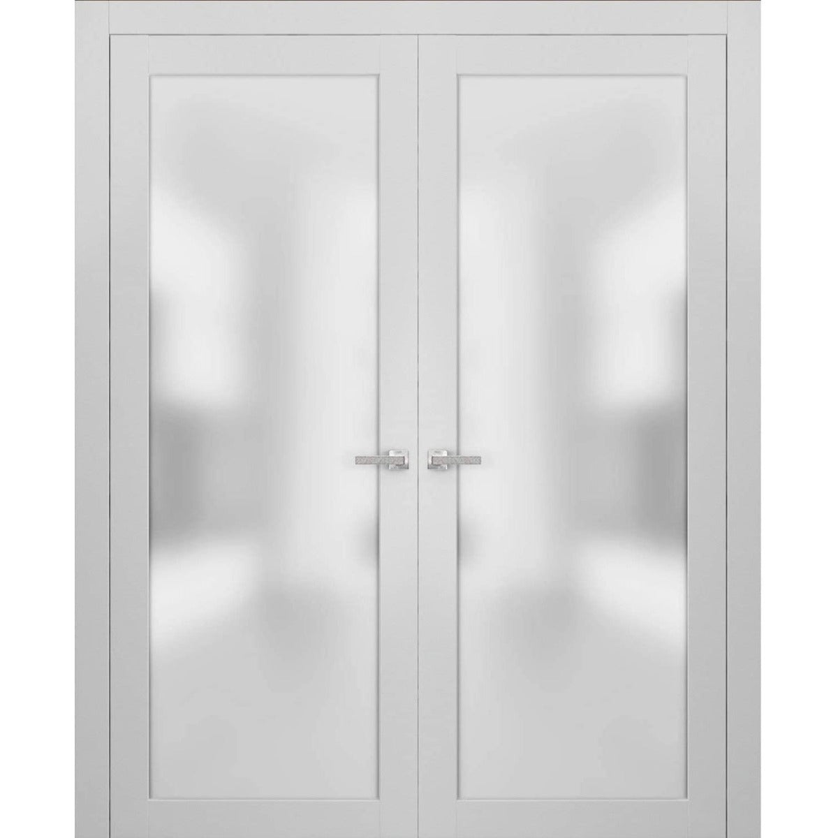 Solid French Double Doors | Planum 2102 White Silk with Frosted Glass | Wood Solid Panel Frame Trims | Closet Bedroom Sturdy Doors