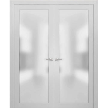 Solid French Double Doors | Planum 2102 White Silk with Frosted Glass | Wood Solid Panel Frame Trims | Closet Bedroom Sturdy Doors