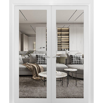 Solid French Double Doors | Lucia 2166 White Silk with Clear Glass | Wood Solid Panel Frame Trims | Closet Bedroom Sturdy Doors