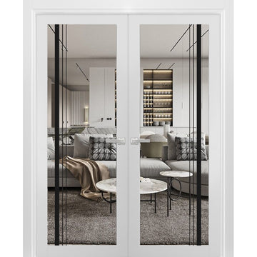 Solid French Double Doors | Lucia 2566 White Silk Clear Glass | Wood Solid Panel Frame Trims | Closet Bedroom Sturdy Doors