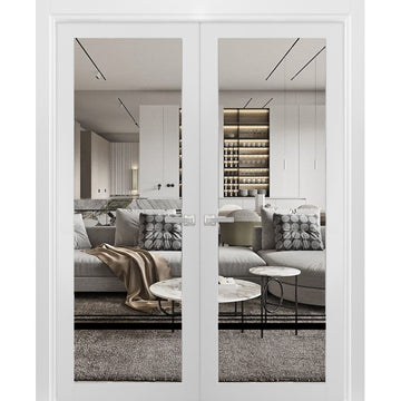 Solid French Double Doors | Lucia 2666 White Silk Clear Glass | Wood Solid Panel Frame Trims | Closet Bedroom Sturdy Doors