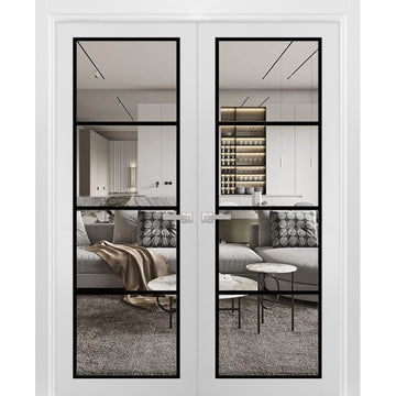 Solid French Double Doors | Lucia 2466 White Silk Clear Glass | Wood Solid Panel Frame Trims | Closet Bedroom Sturdy Doors