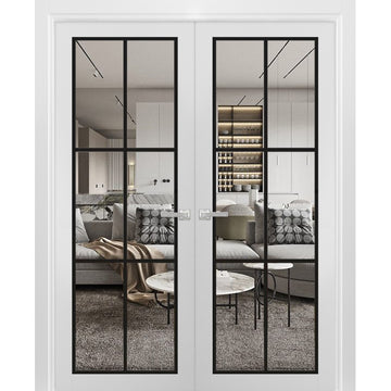 Solid French Double Doors | Lucia 2366 White Silk Clear Glass | Wood Solid Panel Frame Trims | Closet Bedroom Sturdy Doors