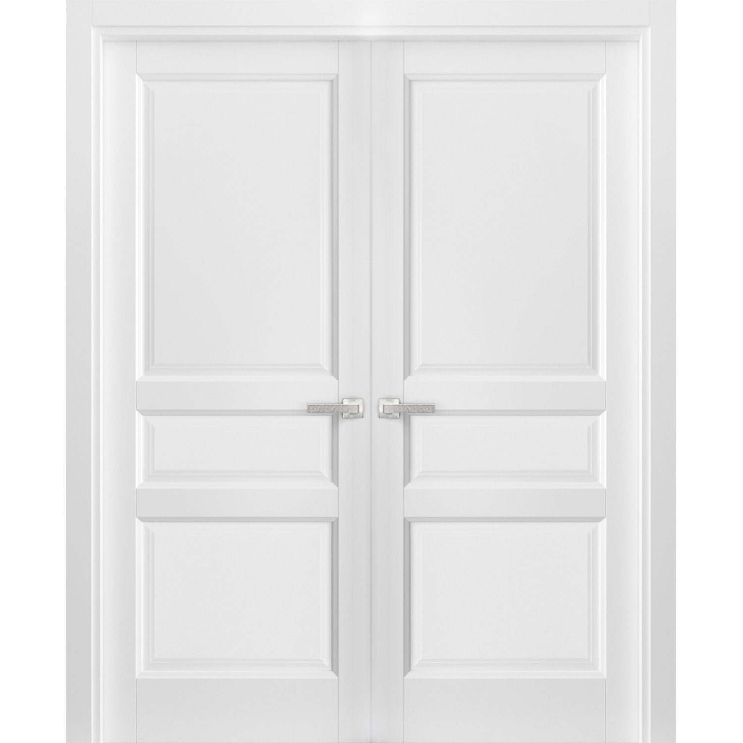 French Double Panel Solid Doors with Hardware | Lucia 31 White Silk | Panel Frame Trims | Bathroom Bedroom Interior Sturdy Door