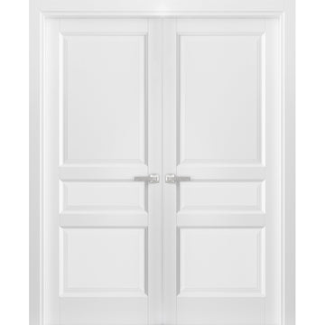 French Double Panel Solid Doors with Hardware | Lucia 31 White Silk | Panel Frame Trims | Bathroom Bedroom Interior Sturdy Door