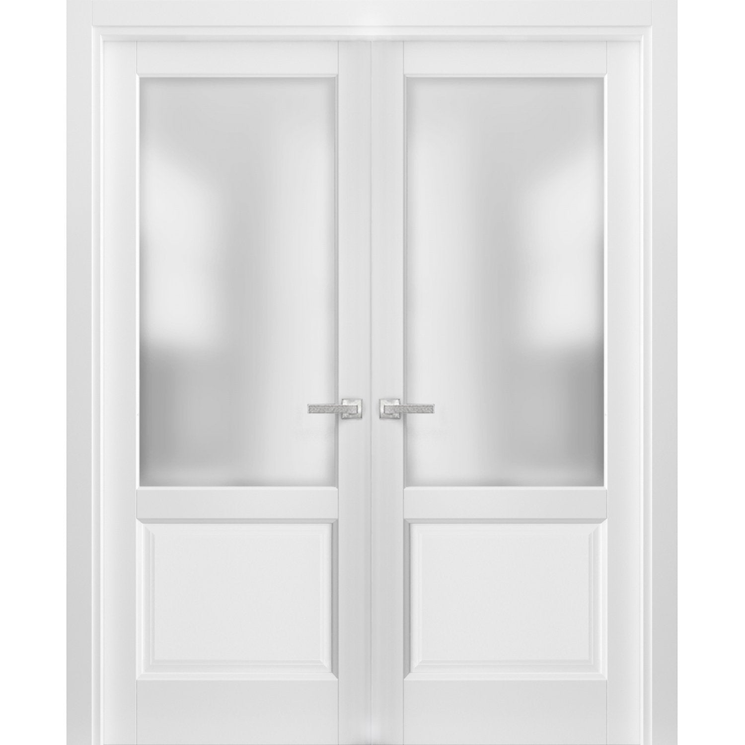 French Double Panel Lite Doors with Hardware | Lucia 22 White Silk with Frosted Opaque Glass | Panel Frame Trims | Bathroom Bedroom Interior Sturdy Door