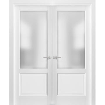 French Double Panel Lite Doors with Hardware | Lucia 22 White Silk with Frosted Opaque Glass | Panel Frame Trims | Bathroom Bedroom Interior Sturdy Door