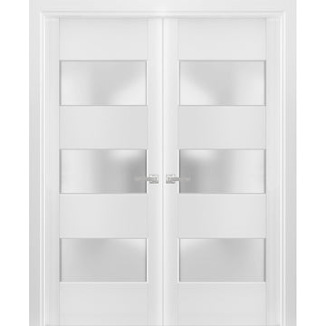 Solid French Double Doors 3 Lites | Lucia 4070 White Silk with Frosted Glass | Wood Solid Panel Frame Trims | Closet Bedroom Sturdy Doors