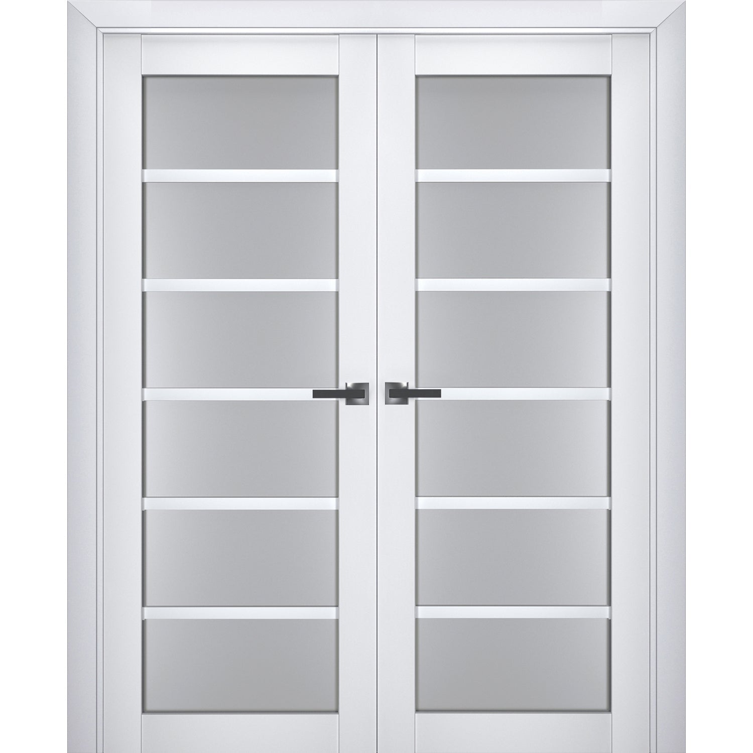 Interior Solid French Double Doors | Veregio 7602 White Silk with Frosted Glass | Wood Solid Panel Frame Trims | Closet Bedroom Sturdy Doors