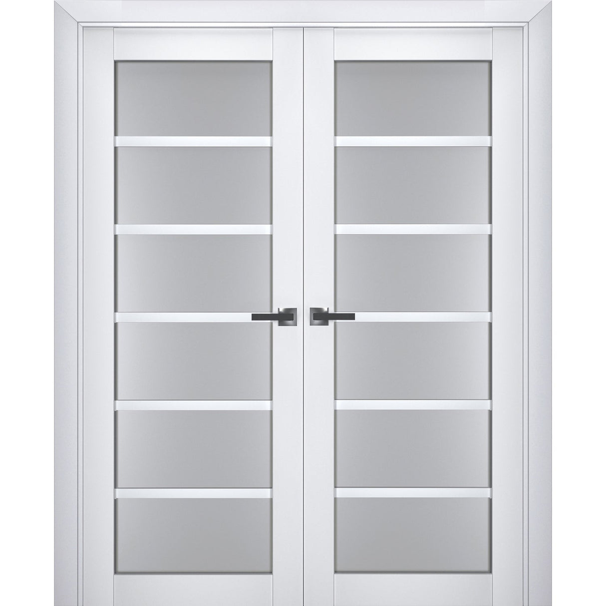 Interior Solid French Double Doors | Veregio 7602 White Silk with Frosted Glass | Wood Solid Panel Frame Trims | Closet Bedroom Sturdy Doors