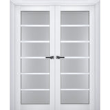 Interior Solid French Double Doors | Veregio 7602 White Silk with Frosted Glass | Wood Solid Panel Frame Trims | Closet Bedroom Sturdy Doors