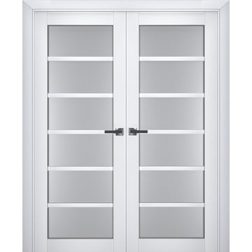 Interior Solid French Double Doors | Veregio 7602 White Silk with Frosted Glass | Wood Solid Panel Frame Trims | Closet Bedroom Sturdy Doors