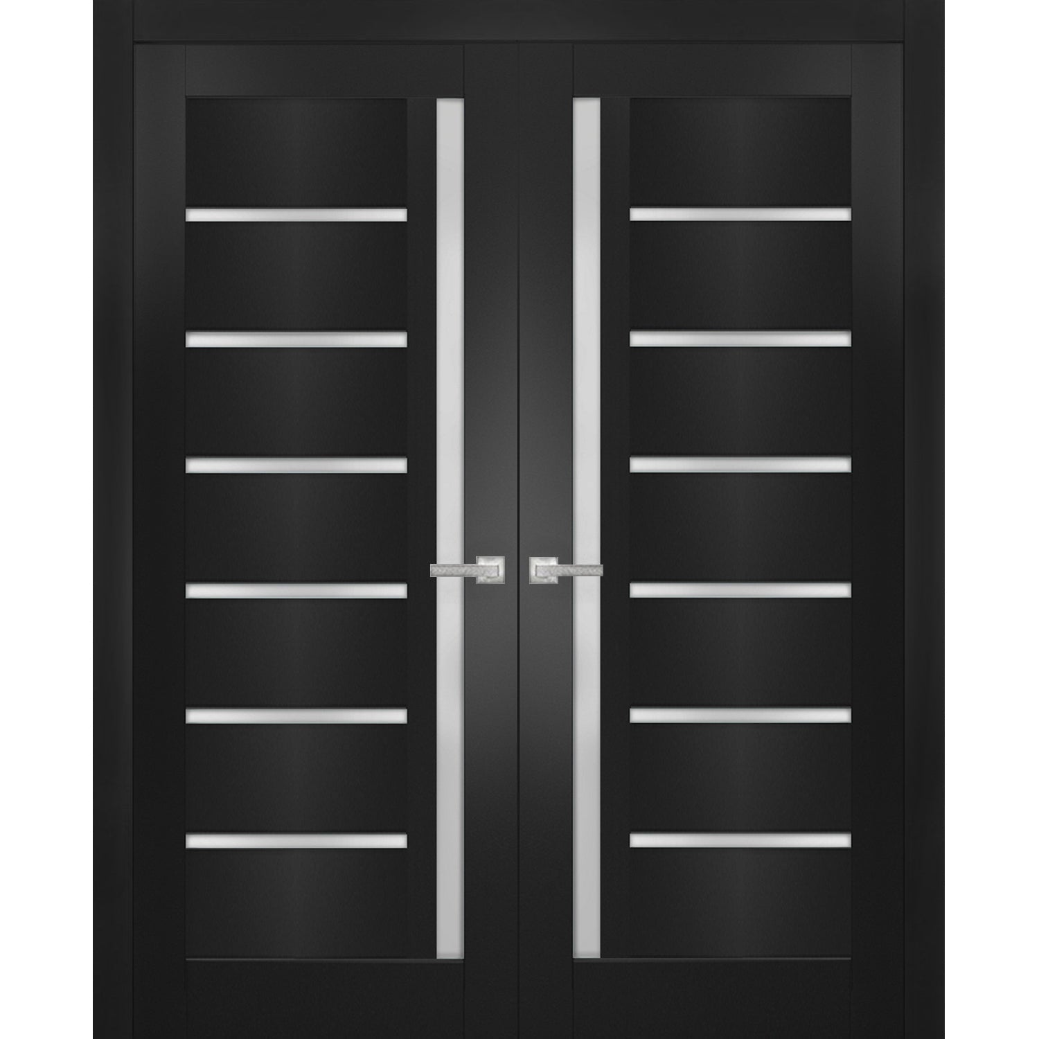 Solid French Double Doors | Quadro 4088 Matte Black with Frosted Glass | Wood Solid Panel Frame Trims | Closet Bedroom Sturdy Doors