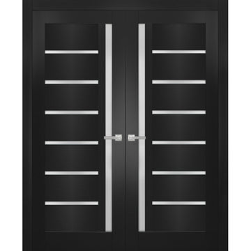 Solid French Double Doors | Quadro 4088 Matte Black with Frosted Glass | Wood Solid Panel Frame Trims | Closet Bedroom Sturdy Doors