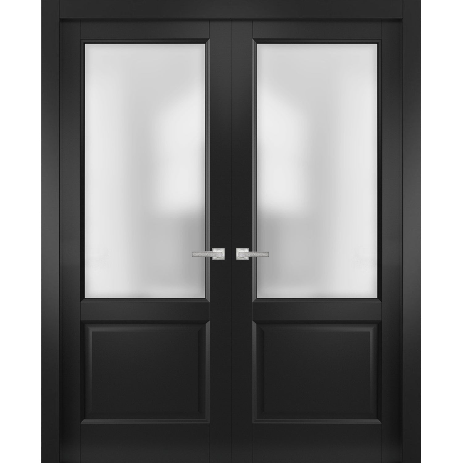 Solid Interior French Double Doors | Lucia 22 Matte Black with Rain Glass | Wood Solid Panel Frame Trims | Closet Bedroom Sturdy Doors