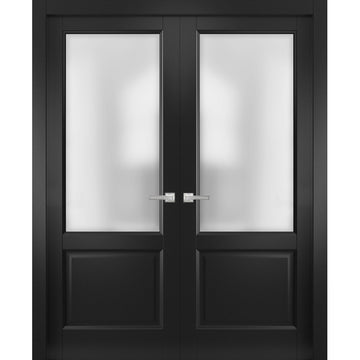 Solid Interior French Double Doors | Lucia 22 Matte Black with Rain Glass | Wood Solid Panel Frame Trims | Closet Bedroom Sturdy Doors