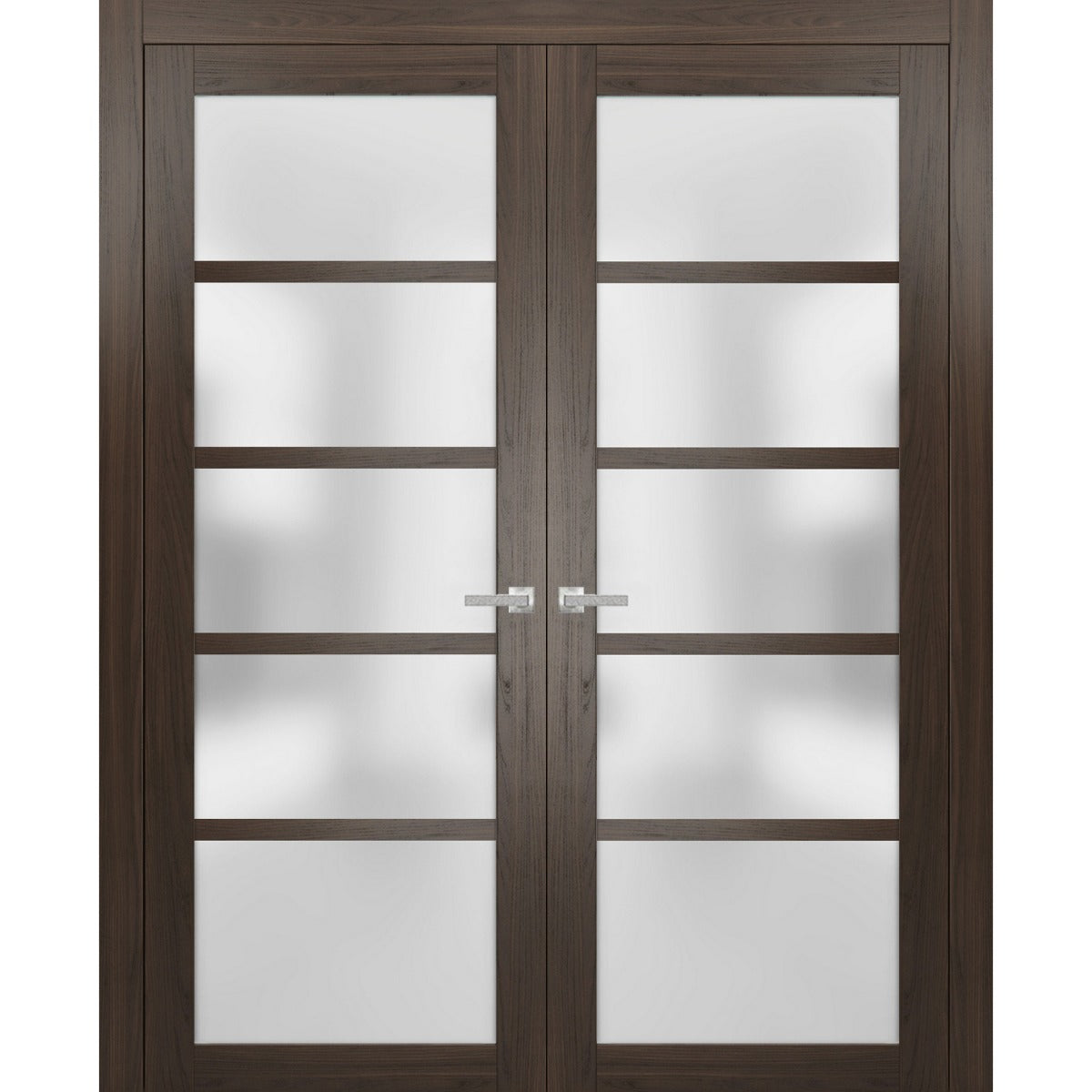 Solid French Double Doors | Quadro 4002 Chocolate Ash with Frosted Glass | Wood Solid Panel Frame Trims | Closet Bedroom Sturdy Doors