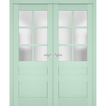 Interior Solid French Double Doors | Veregio 7339 Oliva with Frosted Glass | Wood Solid Panel Frame Trims | Closet Bedroom Sturdy Doors