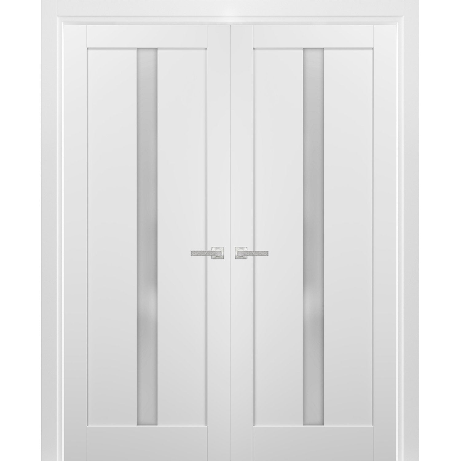 French Double Panel Lite Doors with Hardware | Quadro 4112 White Silk with Frosted Glass | Panel Frame Trims | Bathroom Bedroom Interior Sturdy Door