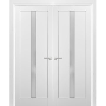 French Double Panel Lite Doors with Hardware | Quadro 4112 White Silk with Frosted Glass | Panel Frame Trims | Bathroom Bedroom Interior Sturdy Door