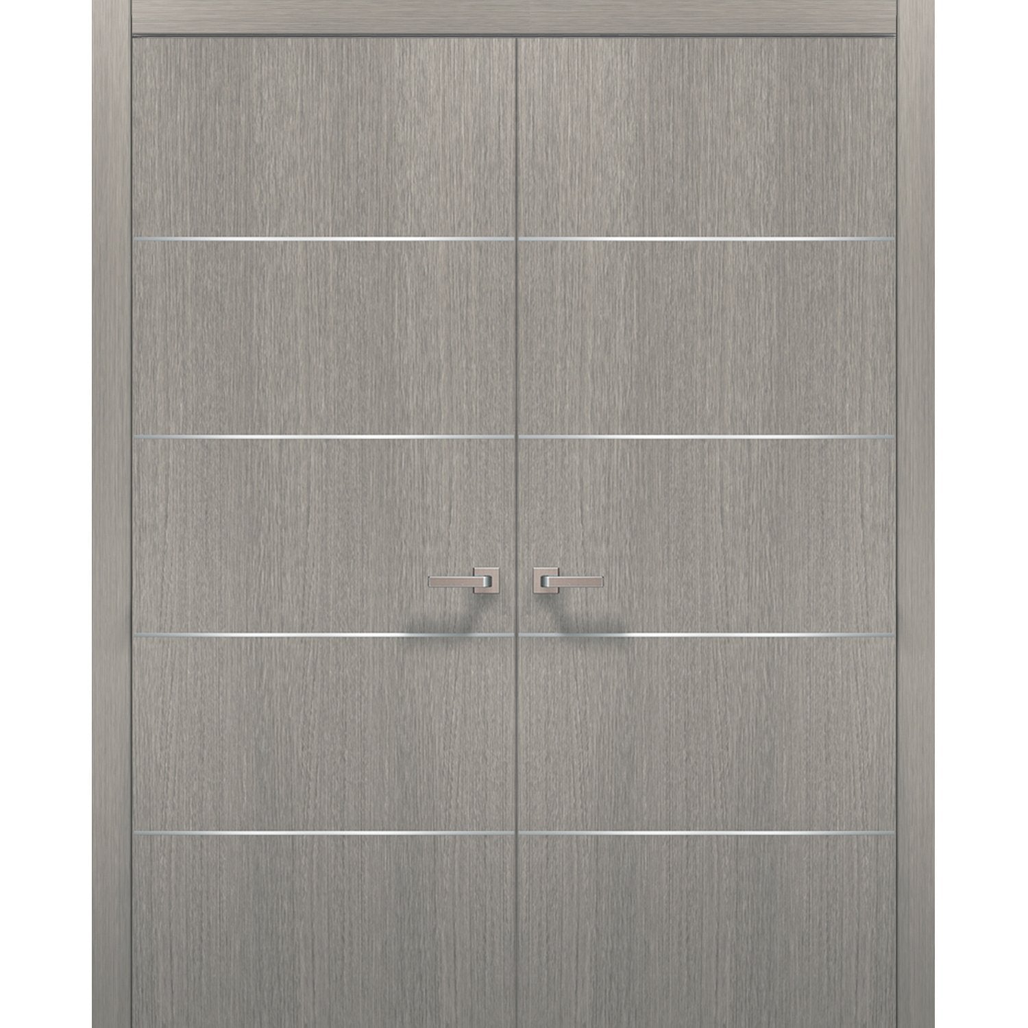 French Double Interior Doors with Hardware | Planum 0020 Grey Oak | Panel Frame Trims | Bathroom Bedroom Interior Sturdy Door