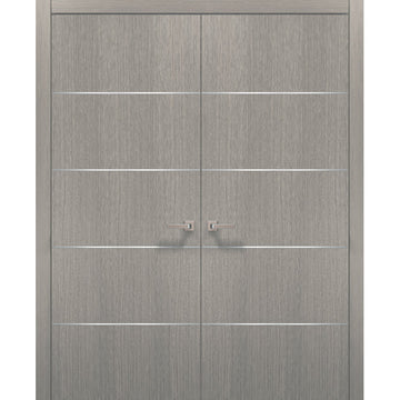 French Double Interior Doors with Hardware | Planum 0020 Grey Oak | Panel Frame Trims | Bathroom Bedroom Interior Sturdy Door