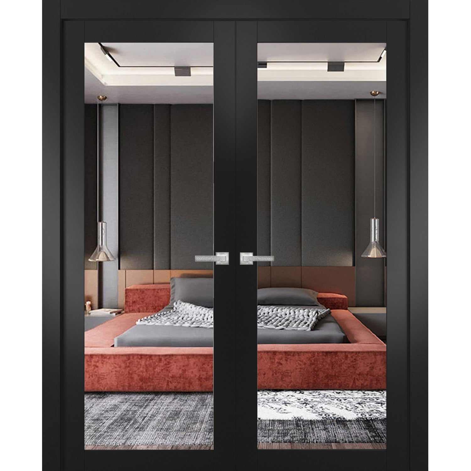 Solid French Double Doors | Lucia 1299 Matte Black with Mirror | Wood Solid Panel Frame Trims | Closet Bedroom Sturdy Doors